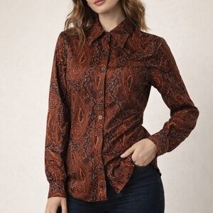 VTG JACK WINTER 1970s Rust Paisley Button Down Long Sleeve Shirt